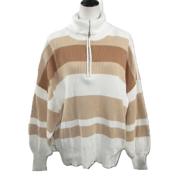 Aerie NWOT Tan Stripe Partial Zip 100% Cotton Turtleneck Sweater Size Medium - Picture 1 of 7